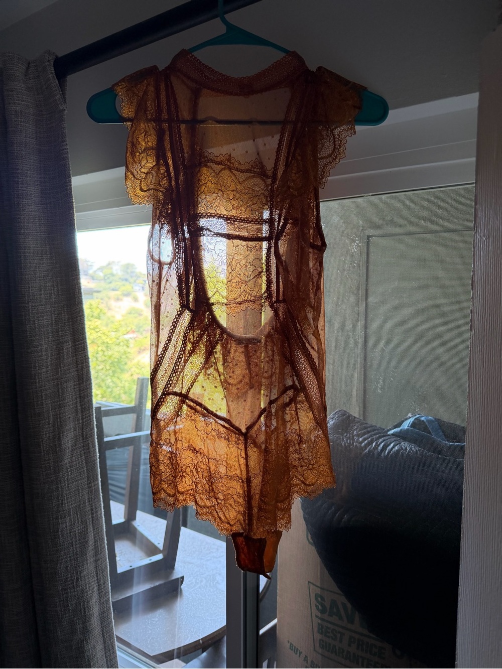 Free People Amber-Brown Sheer Lace Chemise